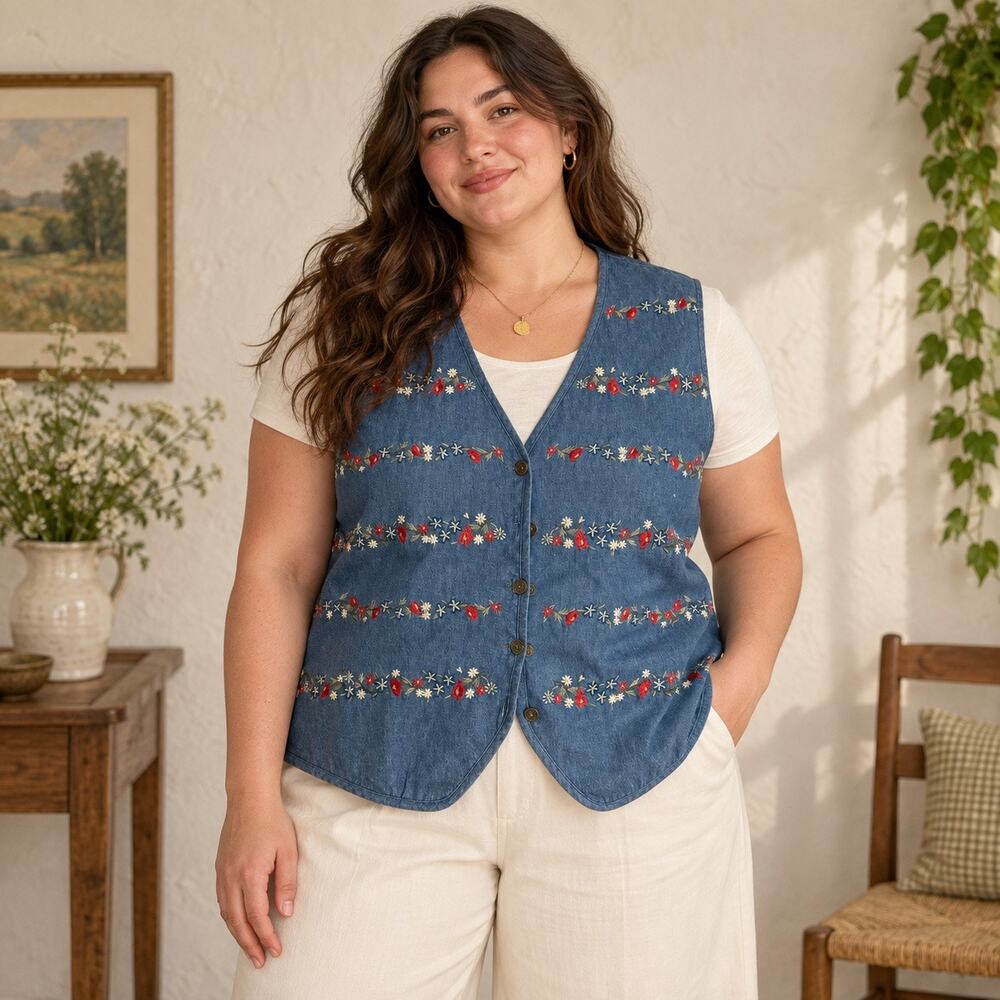 Vintage 90s Koret City Blues Embroidered Chambray Denim Vest Floral Cottagecore